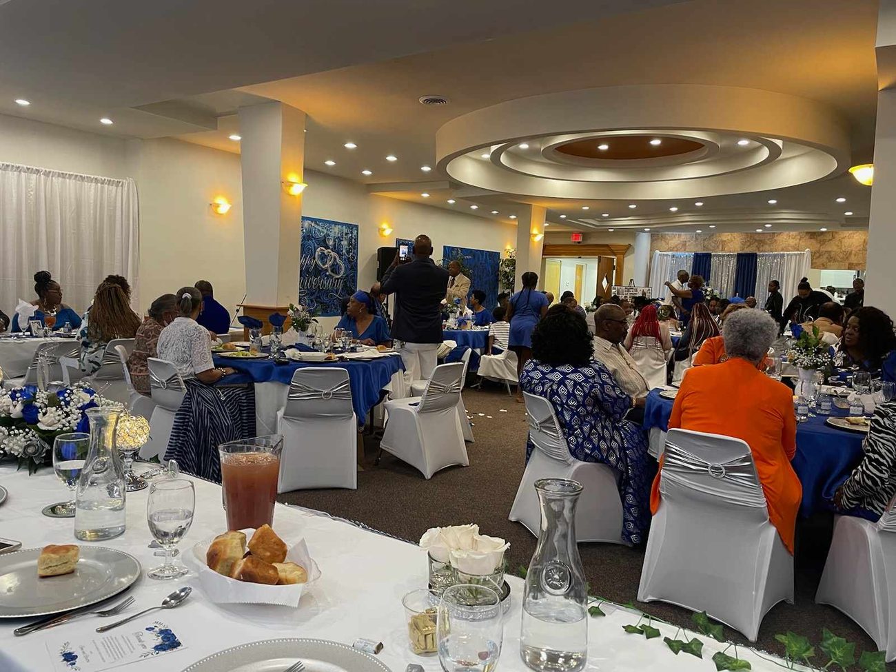 The fellowship hall set for a banquet